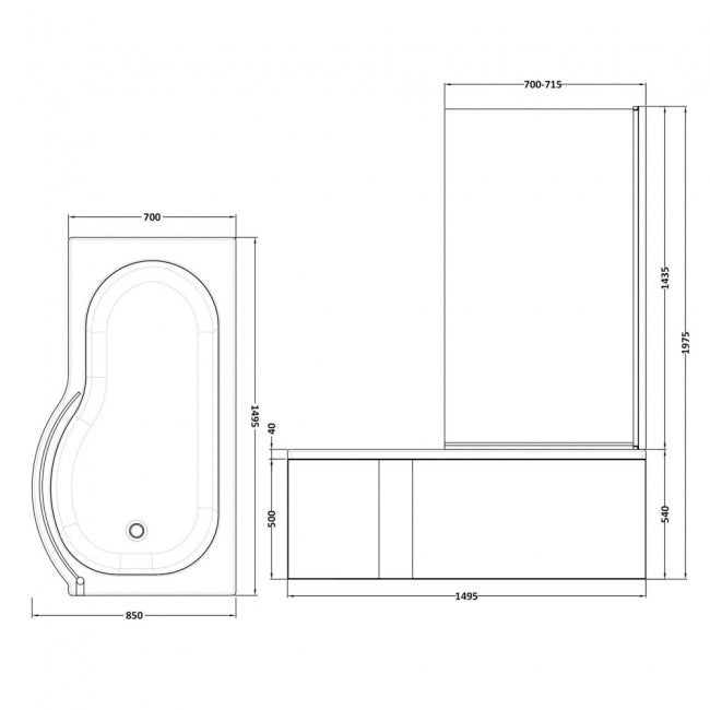 Crawford P-Shaped Shower Bath with Front Panel and Screen 1500mm x 700mm/850mm - Right Handed