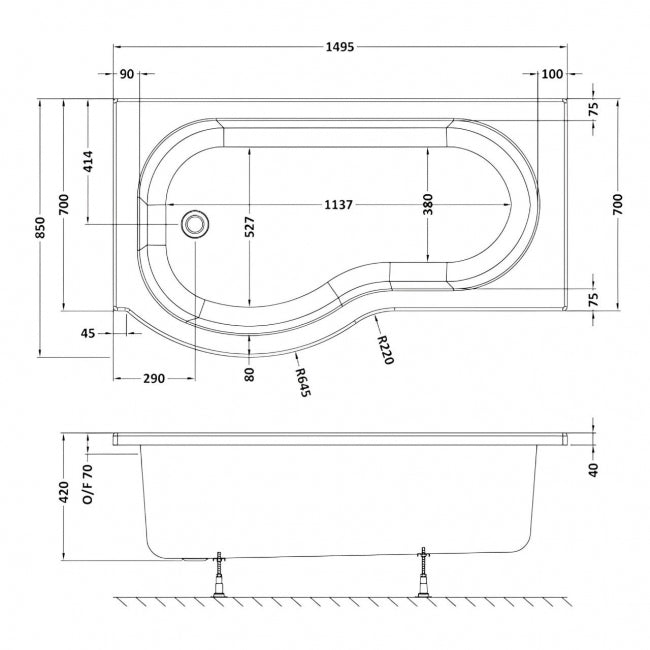 Crawford P-Shaped Shower Bath 1500mm x 700mm/850mm - Left Handed (inc Leg Set)