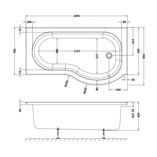 Crawford P-Shaped Shower Bath 1500mm x 700mm/850mm - Right Handed (inc Leg Set)