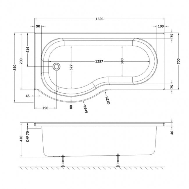 Crawford P-Shaped Shower Bath 1600mm x 700mm/850mm - Left Handed (inc Leg Set)