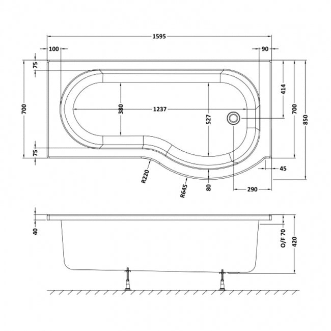 Crawford P-Shaped Shower Bath 1600mm x 700mm/850mm - Right Handed (inc Leg Set)