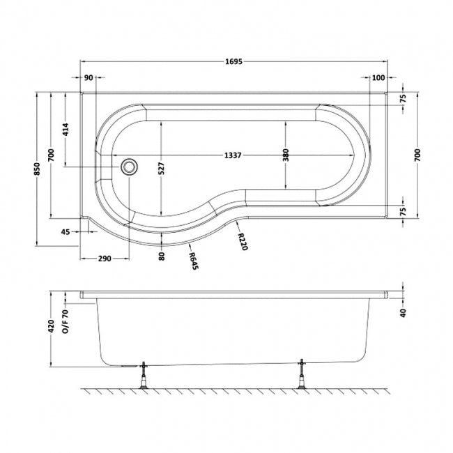 Crawford P-Shaped Shower Bath 1700mm x 700mm/850mm - Left Handed (inc Leg Set)