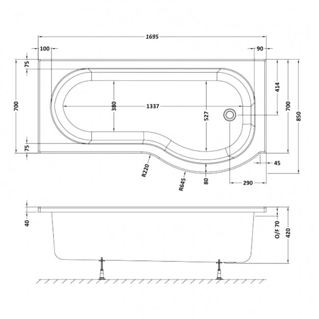 Crawford P-Shaped Shower Bath 1700mm x 700mm/850mm - Right Handed (inc Leg Set)