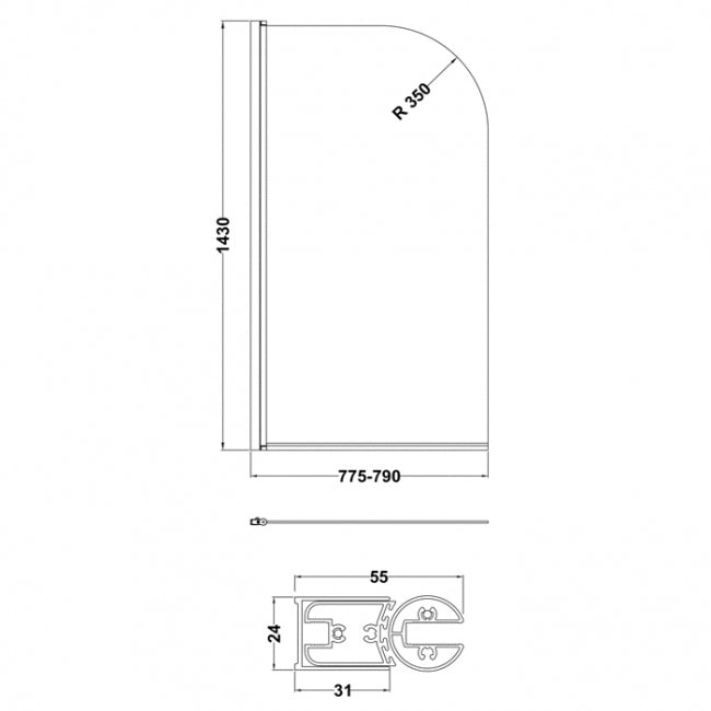 Crawford Pacific Polished Chrome Profile Round Top Hinged Bath Screen 1430mm H x 790mm W - 6mm Glass