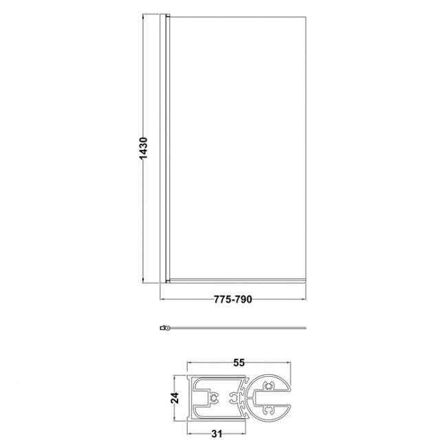 Crawford Pacific Square Hinged Bath Screen 1430mm H x 790mm W - 6mm Glass