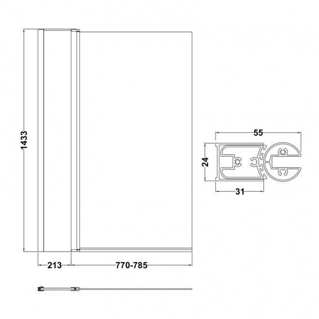 Crawford Pacific Square Hinged Bath Screen with Fixed Panel 1435mm H x 1005mm W - 6mm Glass