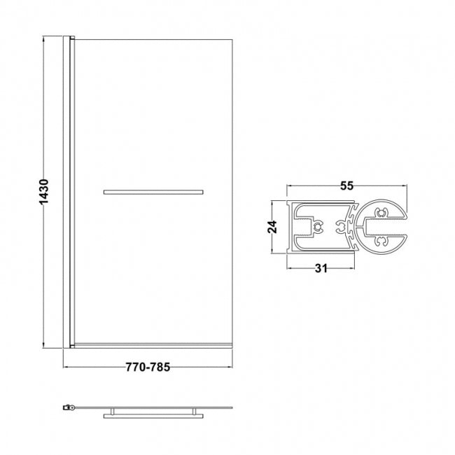 Crawford Pacific Square Hinged Bath Screen with Towel Bar 1430mm H x 790mm W - 6mm Glass