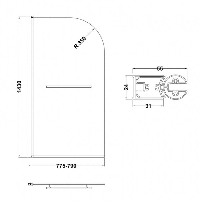 Crawford Pacific Square Hinged Bath Screen with Fixed Panel and Towel Bar 1433mm H x 998mm W - 6mm Glass