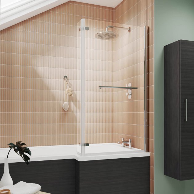 Crawford Pacific L-Shaped Fixed Bath Screen with Hinged End Panel and Towel Bar 1416mm H x 815mm W - 6mm Glass