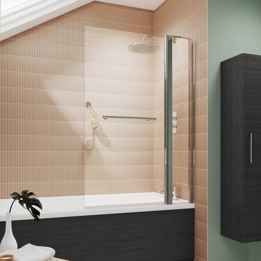 Crawford Pacific Square Hinged Bath Screen with Fixed Panel and Towel Bar 1433mm H x 998mm W - 6mm Glass