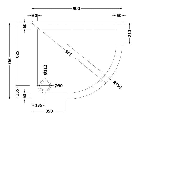 Offset Quadrant Shower Tray 900 x 760mm RH