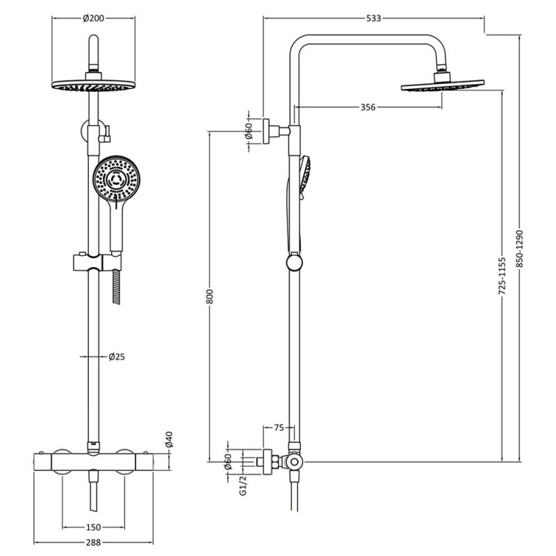 Crawford Arvan Round Thermostatic Bar Mixer Shower with Shower Kit and Fixed Head - Brushed Pewter