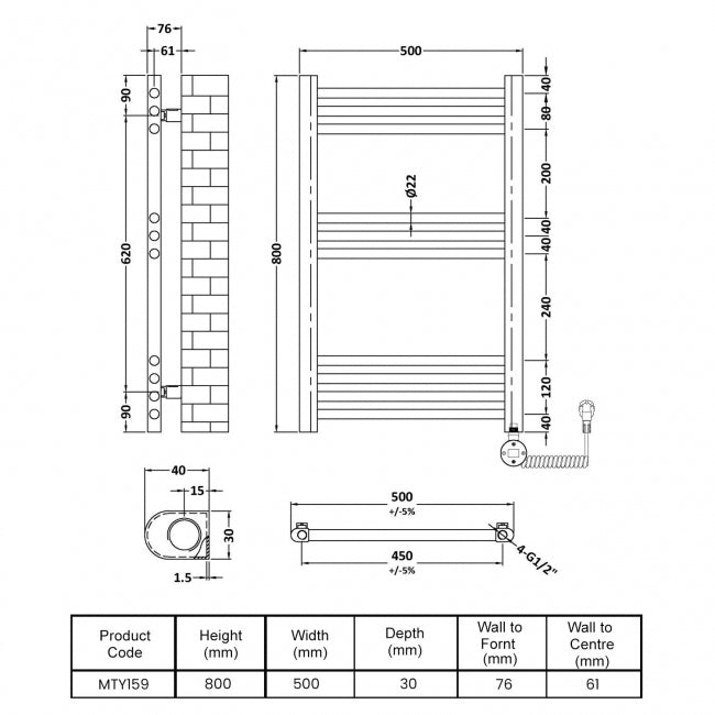 Crawford Round Bar Electric Heated Towel Rail 800mm H x 500mm W - Anthracite