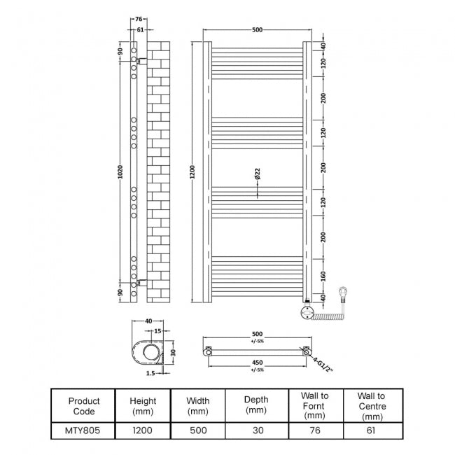 Crawford Round Bar Electric Heated Towel Rail 1200mm H x 500mm W - Anthracite