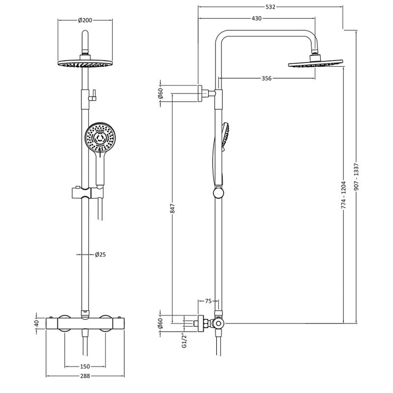 Crawford Arvan Round Thermostatic Bar Mixer Shower with Shower Kit and Fixed Head - Matt Black