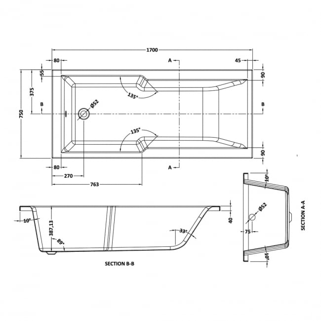 Eternalite Square Straight Shower Bath 1700 x 750mm