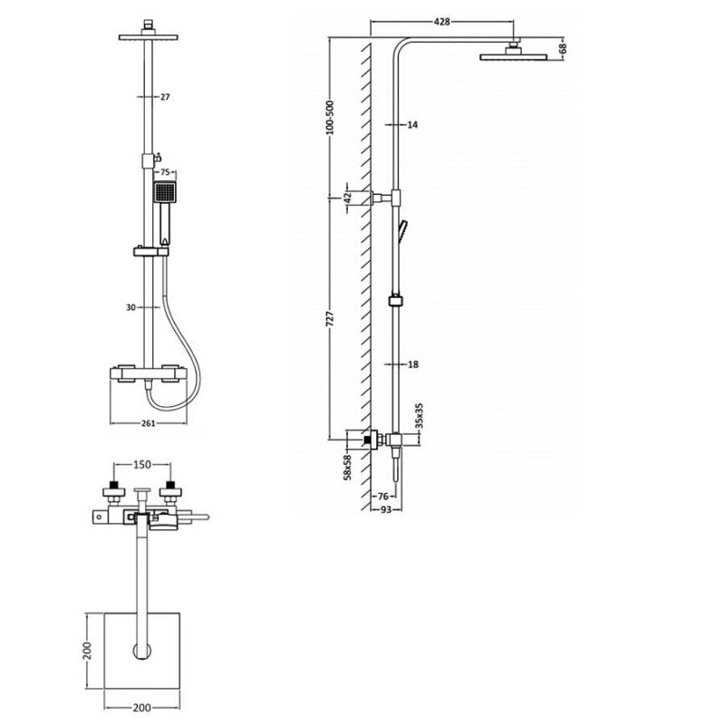 Crawford Square Bar Mixer Shower with Shower Kit and Fixed Head