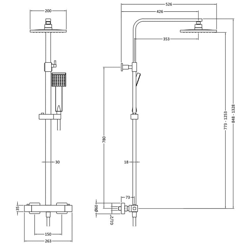 Crawford Square Thermostatic Bar Mixer Shower with Shower Kit and Fixed Head - Matt Black