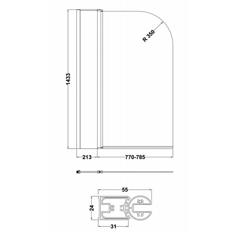 Crawford Pacific Round Top Hinged Bath Screen with Fixed Panel 1433mm H x 998mm W - 6mm Glass