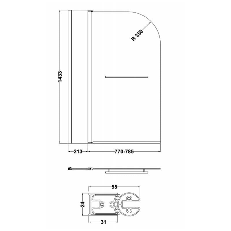 Crawford Pacific Round Top Hinged Bath Screen with Fixed Panel and Towel Bar 1433mm H x 998mm W - 6mm Glass