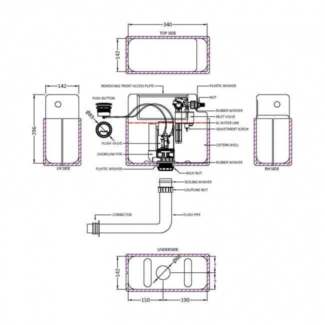 Crawford Universal Access Pneumatic Dual Flush Toilet Concealed Cistern with Chrome Square Flush Plate