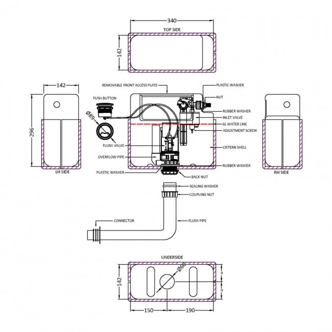 Crawford Universal Access Pneumatic Dual Flush Toilet Concealed Cistern with Matt Black Square Flush Plate