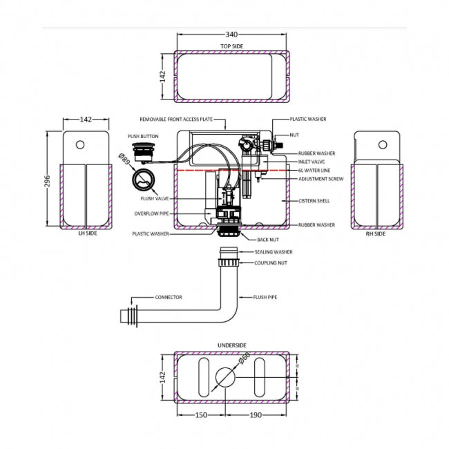 Crawford Universal Access Pneumatic Dual Flush Toilet Concealed Cistern with Brushed Brass Square Flush Plate