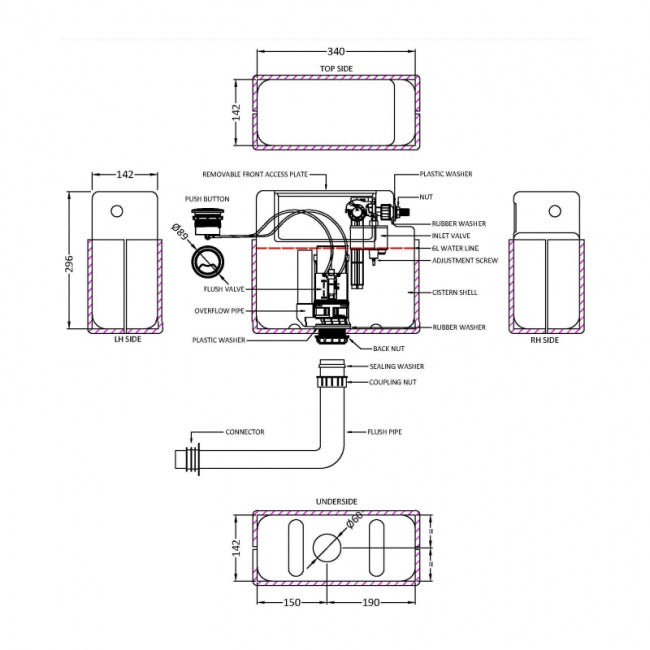 Crawford Universal Access Pneumatic Dual Flush Toilet Concealed Cistern with Chrome Round Flush Plate