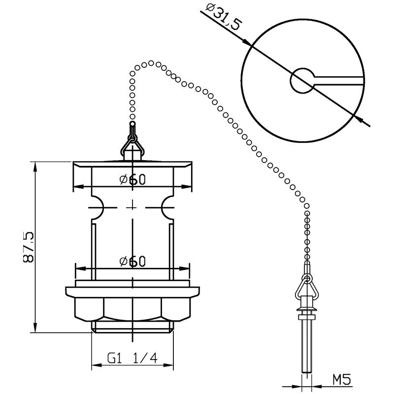 Crawford Basin Waste with Brass Plug and Ball Chain Chrome - Slotted