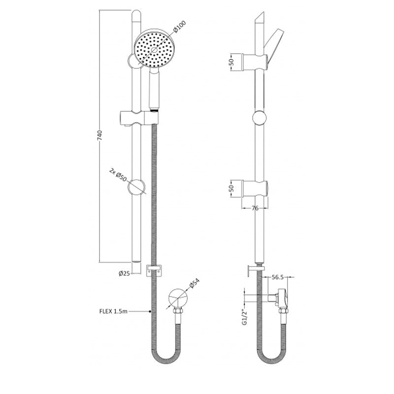 Crawford Water-Saving Shower Slider Rail Kit 740mm High - Chrome