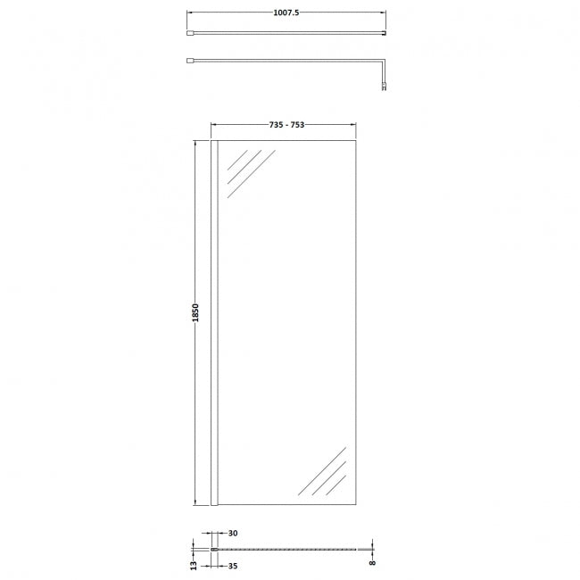 Wetroom Screen 760x1850x8mm - Brushed Pewter