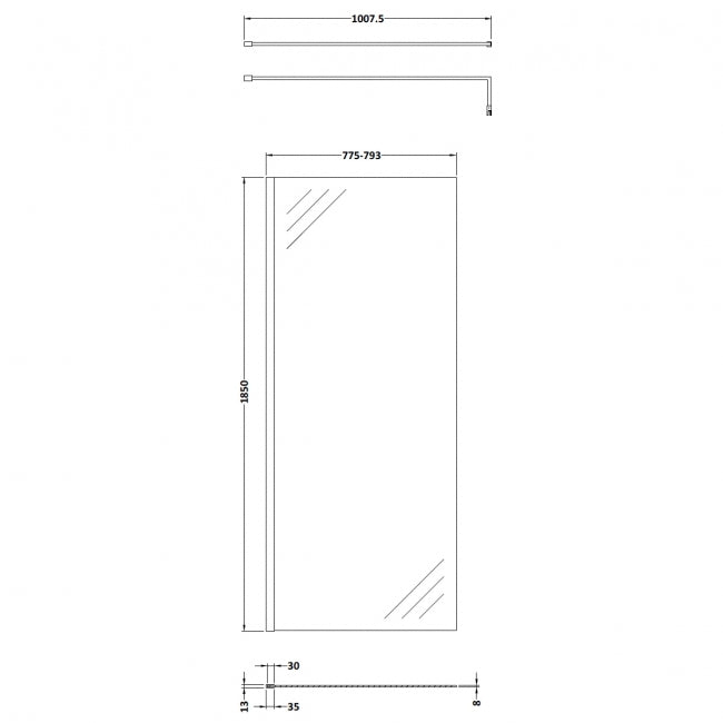 Wetroom Screen 800x1850x8mm - Brushed Pewter