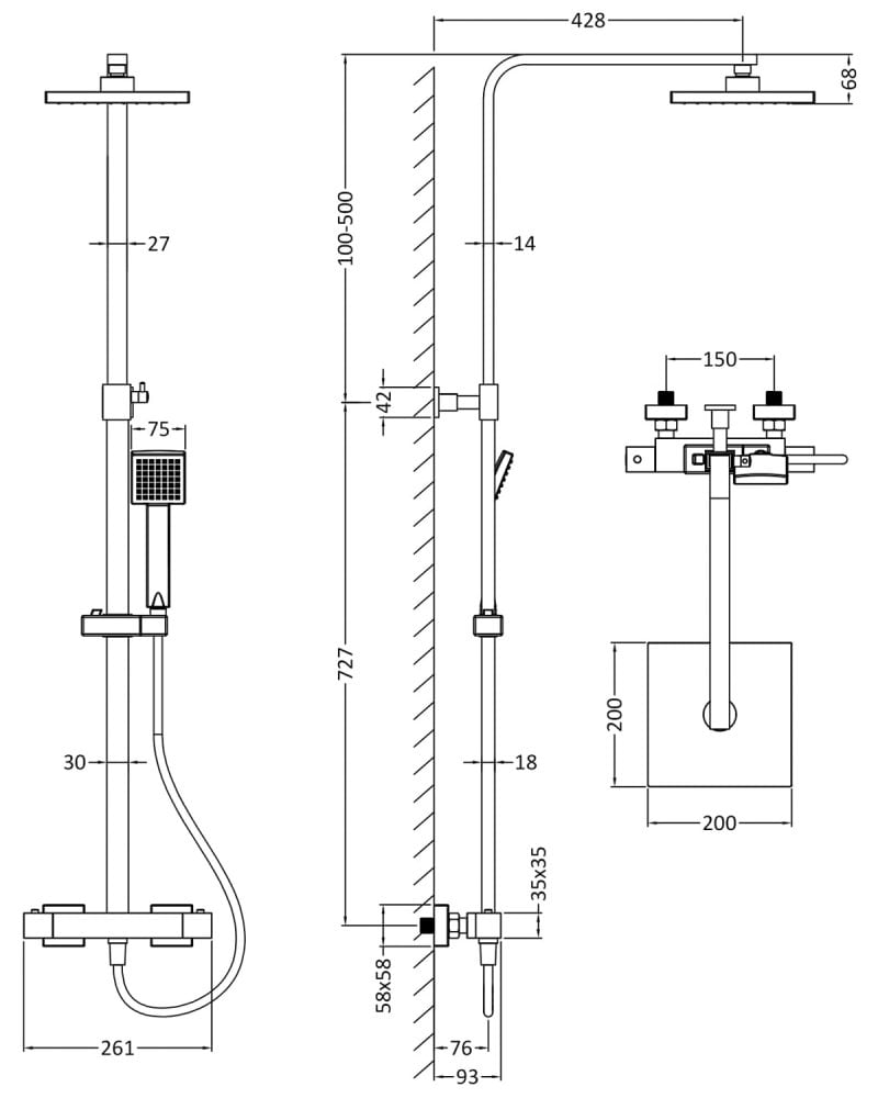 Crawford Windon Square Thermostatic Bar Mixer Shower with Shower Kit and Fixed Head - Brushed Pewter