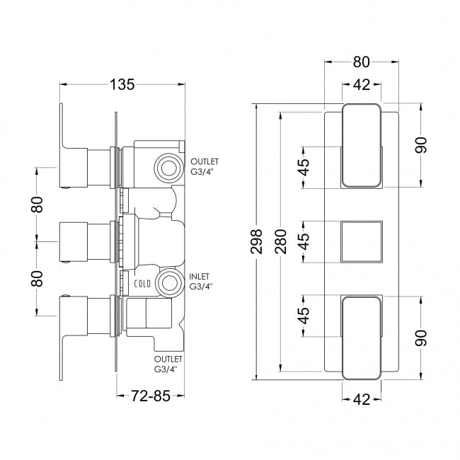 Crawford Windon Thermostatic Concealed Shower Valve with Diverter Triple Handle - Brushed Bronze