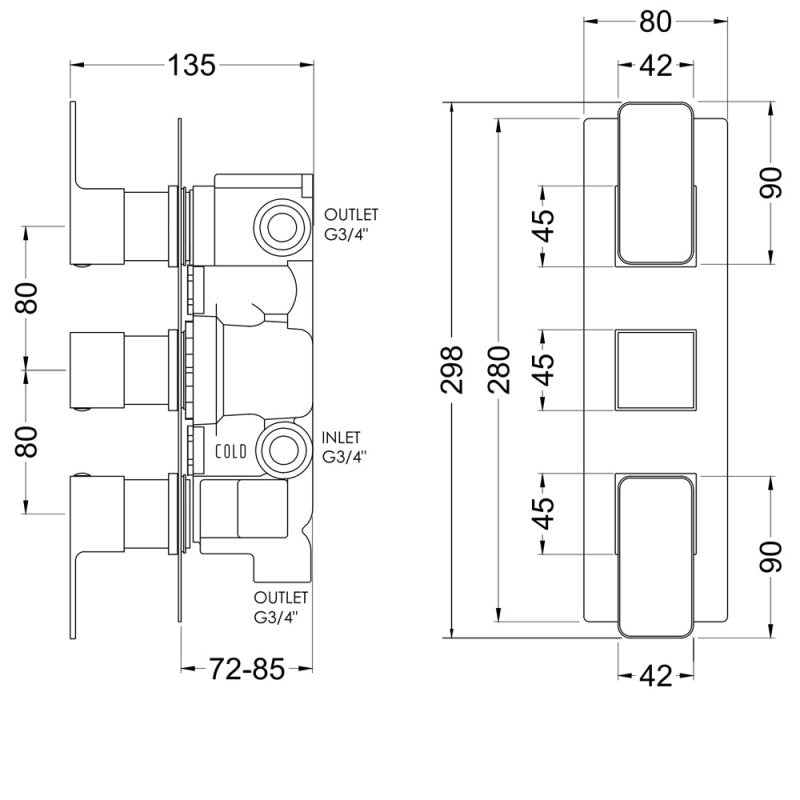 Crawford Windon Thermostatic Concealed Shower Valve with Diverter Triple Handle - Brushed Brass