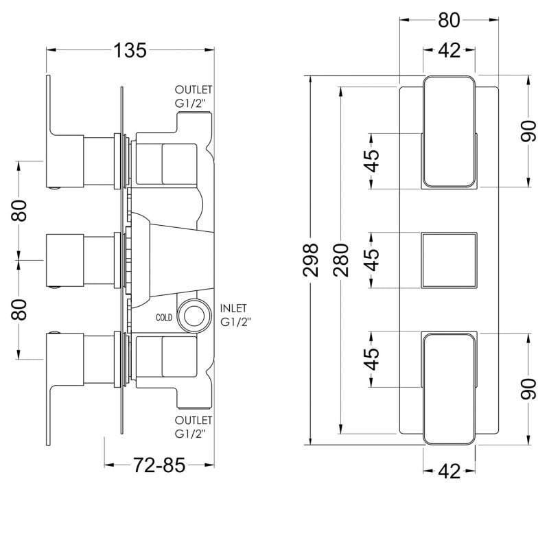 Crawford Windon Thermostatic Concealed Shower Valve Triple Handle - Brushed Pewter