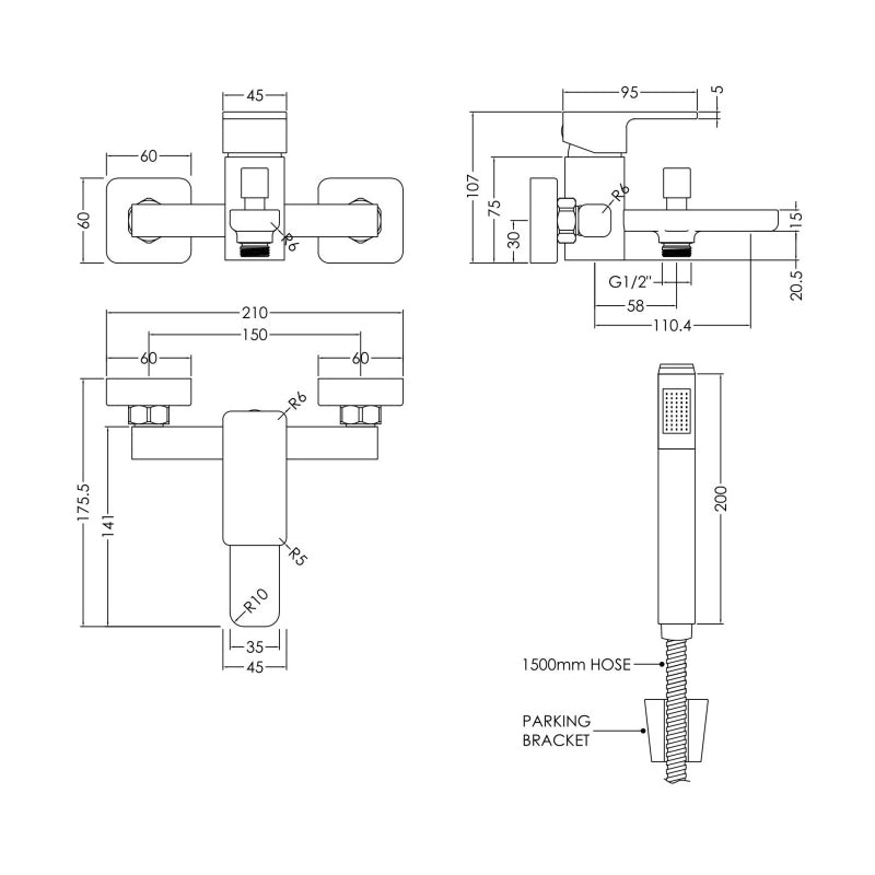 Crawford Windon Wall Mounted Bath Shower Mixer Tap with Shower Kit