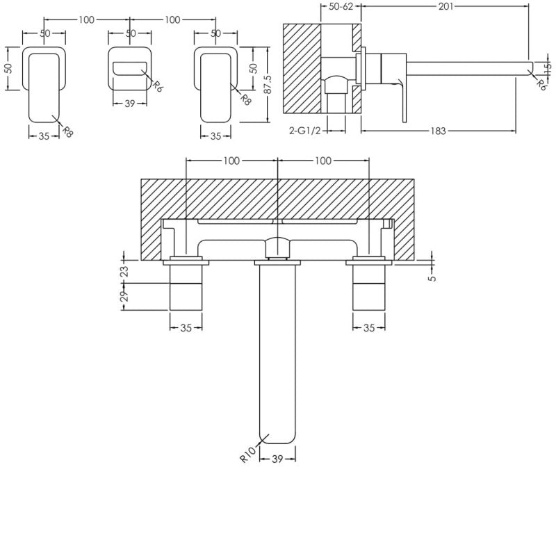 Crawford Windon 3-Hole Wall Mounted Basin Mixer Tap without Plate