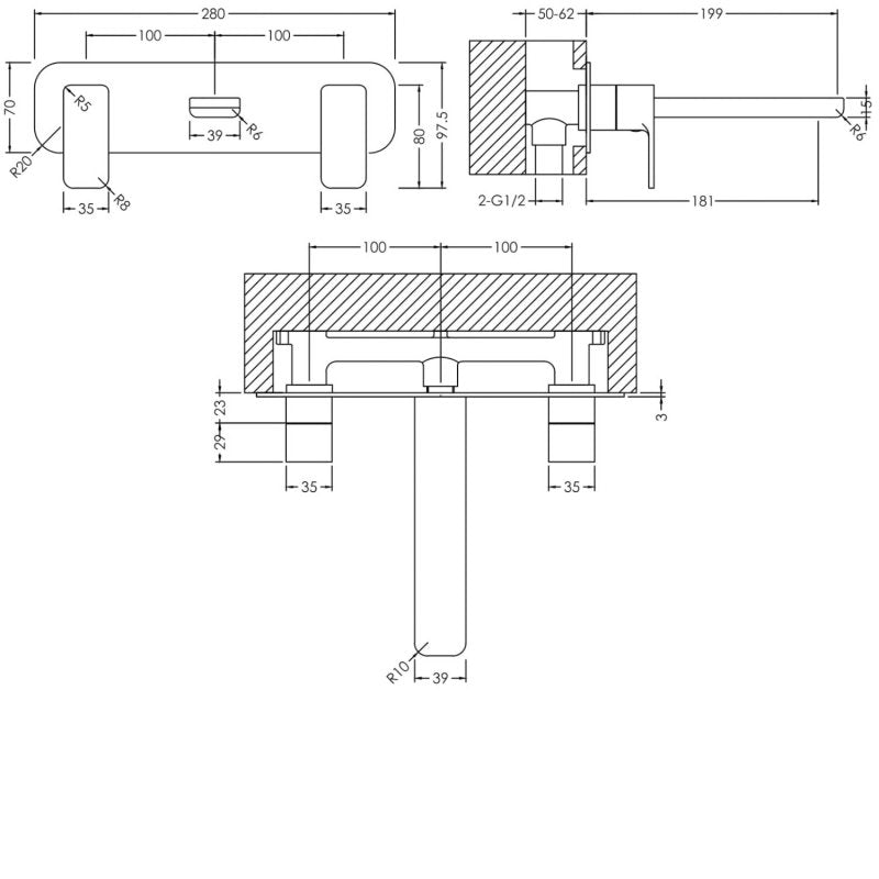 Crawford Windon 3-Hole Wall Mounted Basin Mixer Tap with Plate