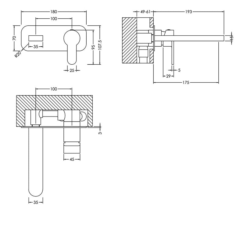 Crawford Windon 2-Hole Wall Mounted Basin Mixer Tap with Plate - Brushed Pewter