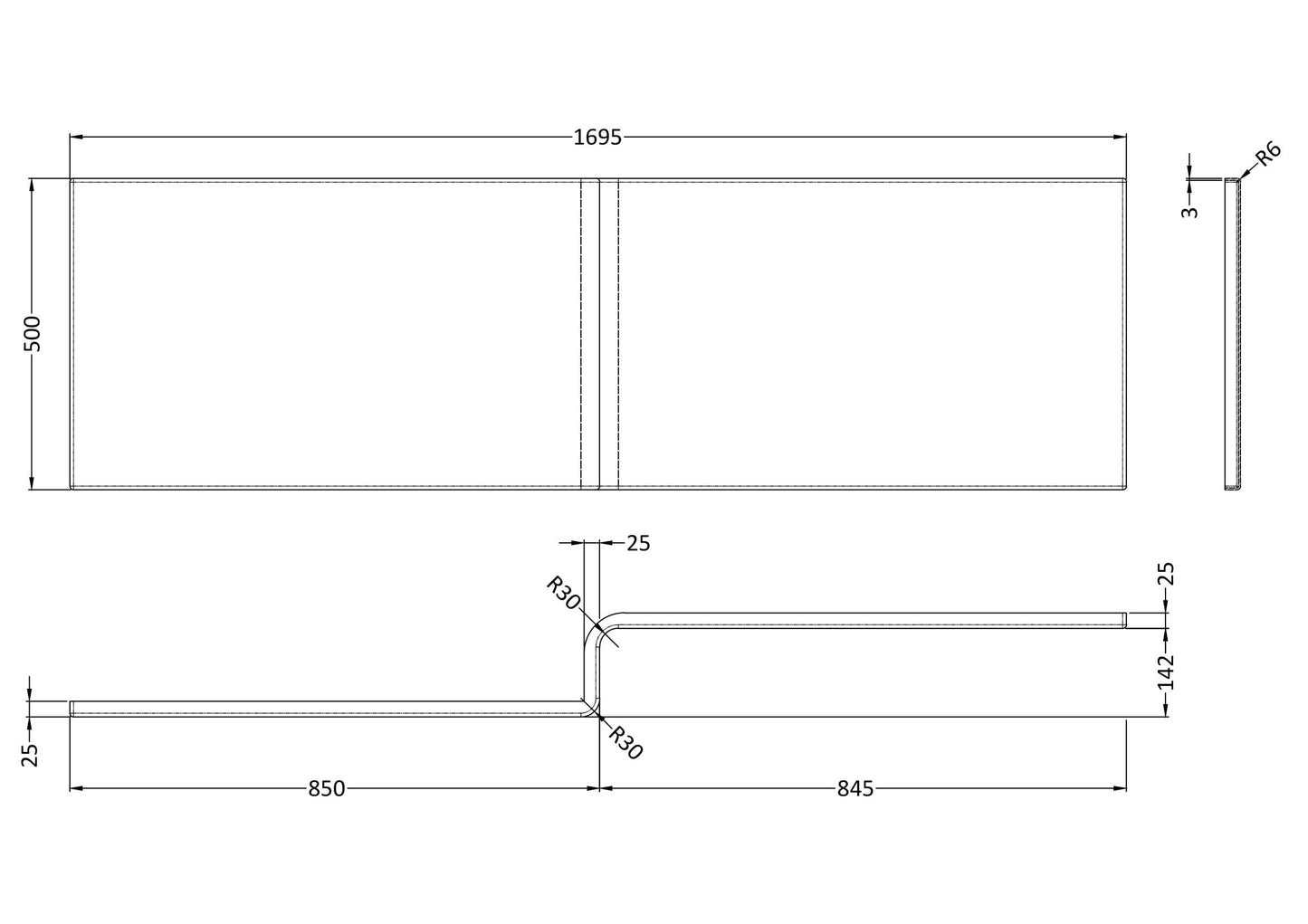 1700 sq showerbath front panel cw fixing